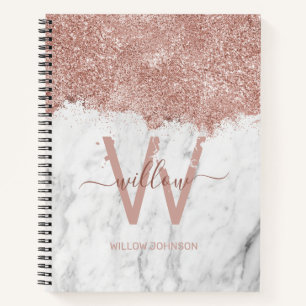 Roos Gold Pink witte marmer Glitter Dust Monogram Notitieboek