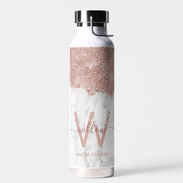 Roos Gold Pink witte marmer Glitter Dust Monogram Waterfles
