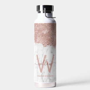 Roos Gold Pink witte marmer Glitter Dust Monogram Waterfles