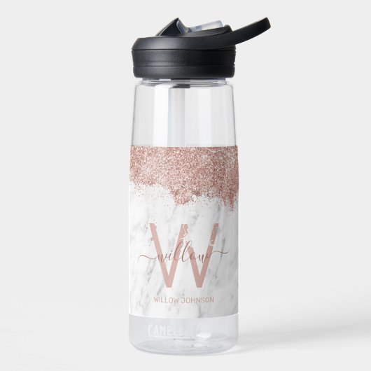 Roos Gold Pink witte marmer Glitter Dust Monogram Waterfles (Links)