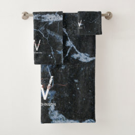 Roos Gold Pink zwarte marmer Glitter Dust Monogram Bad Handdoek