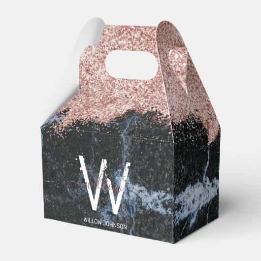 Roos Gold Pink zwarte marmer Glitter Dust Monogram Bedankdoosjes (Achterkant)