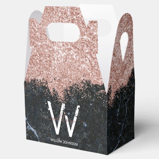 Roos Gold Pink zwarte marmer Glitter Dust Monogram Bedankdoosjes (Geopend)