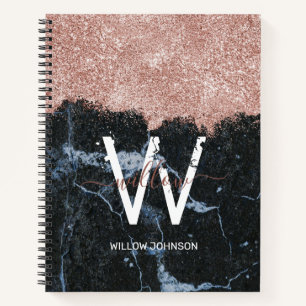 Roos Gold Pink zwarte marmer Glitter Dust Monogram Notitieboek
