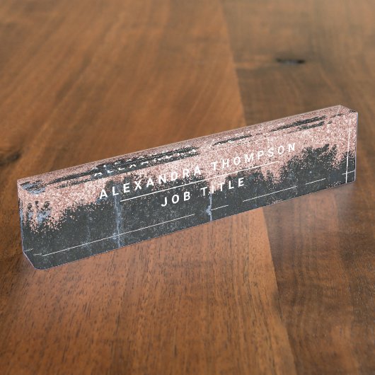 Roos Gold Pink zwarte marmer Glitter Dust Naambordje (Zijkant)