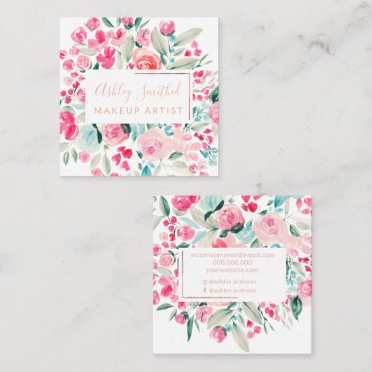 Roos Gold pinkfloral waterverf chic make-up Vierkante Visitekaartje (Voorkant / Achterkant)