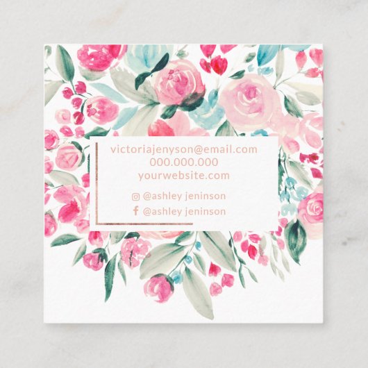 Roos Gold pinkfloral waterverf chic make-up Vierkante Visitekaartje (Achterkant)