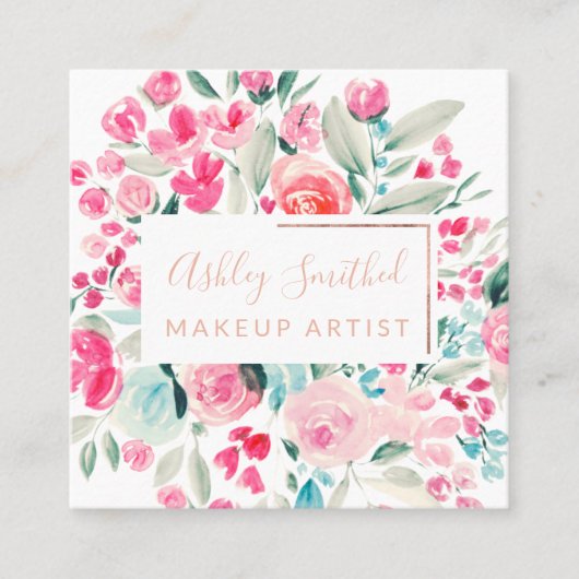 Roos Gold pinkfloral waterverf chic make-up Vierkante Visitekaartje (Voorkant)