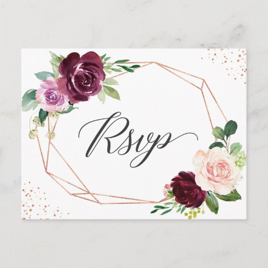 Roos Gold Plum Paars Blush Floral Wedding RSVP Uitnodiging Briefkaart (Voorkant)