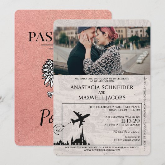 Roos Gold Polen Paspoort Uitnodiging voor het Huwe (Voorkant / Achterkant)