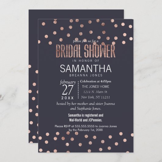 Roos Gold Polka Dots en Navy Blue Vrijgezellenfees Kaart (Voorkant / Achterkant)