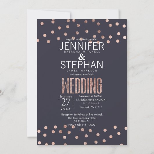Roos Gold Polka Dots en Navy Blue Wedding Invites Kaart (Voorkant)
