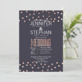 Roos Gold Polka Dots en Navy Blue Wedding Invites Kaart (Staand voorkant)