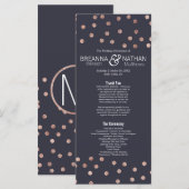 Roos Gold Polka Dots en Navy Blue Wedding Programm Programmakaart (Voorkant / Achterkant)