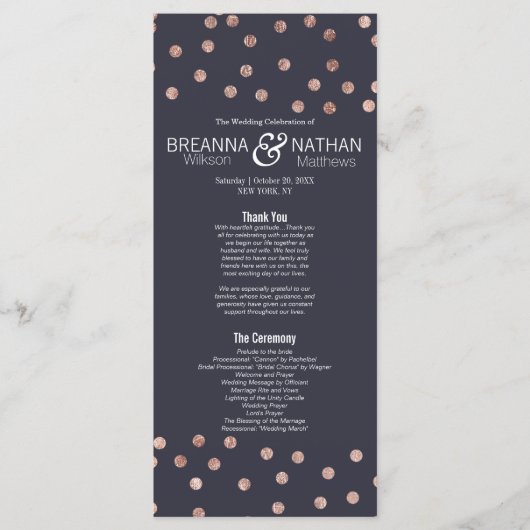 Roos Gold Polka Dots en Navy Blue Wedding Programm Programmakaart (Voorkant)