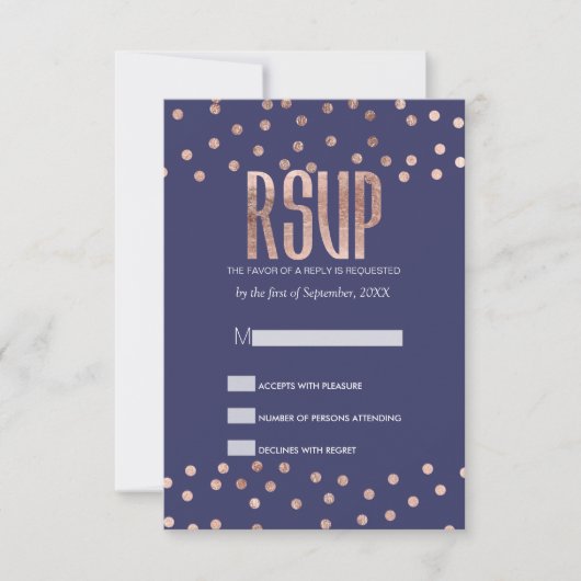 Roos Gold Polka Dots Light Navy Blue RSVP-kaarten RSVP Kaartje (Voorkant)