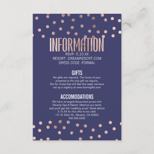 Roos Gold Polka Dots Light Navy Blue Wedding Informatiekaartje (Voorkant)