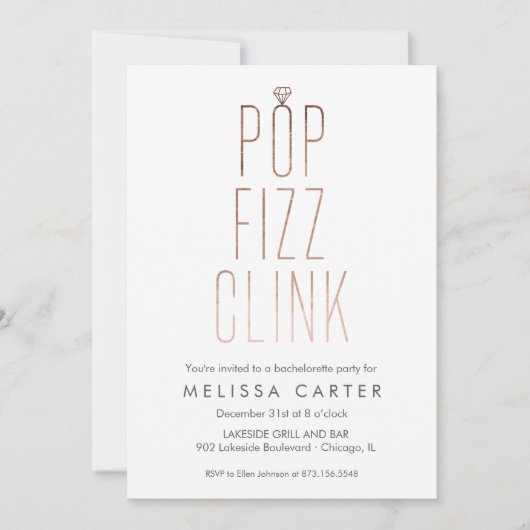 Roos Gold Pop Fizz Clink Bachelorette Faux Folie Kaart (Voorkant)