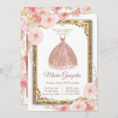 Roos Gold Princess Invitation - White Mis Quince Kaart (Voorkant / Achterkant)