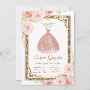 Roos Gold Princess Invitation - White Mis Quince Kaart