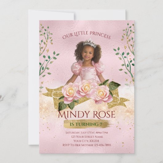 Roos Gold Princess Kids Verjaardagsuitnodiging Kaart (Voorkant)