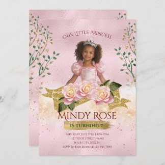 Roos Gold Princess Kids Verjaardagsuitnodiging Kaart