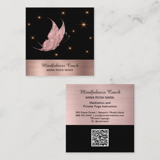 *~* Roos Gold QR-code Glitter Butterfly Mystical Vierkante Visitekaartje (Voorkant / Achterkant)