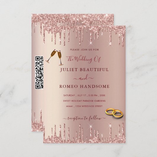 Roos Gold QR Code Wedding Invitation Sjabloon (Voorkant / Achterkant)