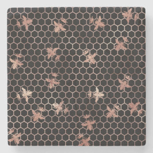Roos Gold Queen bijen Honeycomb op zwart Stenen Onderzetter