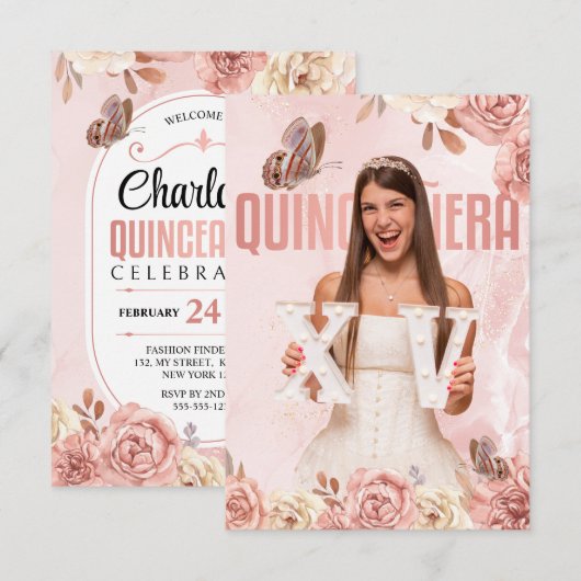 Roos Gold Quinceanera Bloemenprinses Vlinder Kaart (Voorkant / Achterkant)