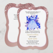 Roos Gold Quinceañera BLUE Floral Elegant Kaart (Voorkant / Achterkant)