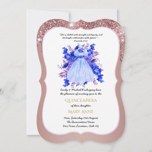 Roos Gold Quinceañera BLUE Floral Elegant Kaart (Voorkant)