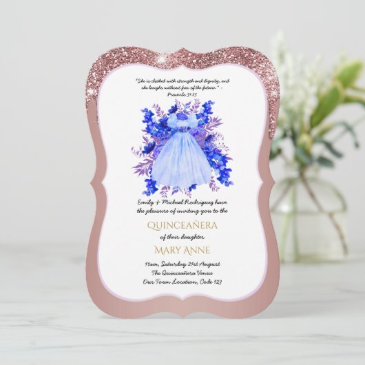 Roos Gold Quinceañera BLUE Floral Elegant Kaart (Staand voorkant)