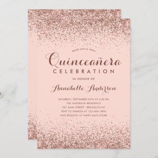 Roos Gold Quinceañera Glitter Elegant Birthday Kaart (Voorkant / Achterkant)
