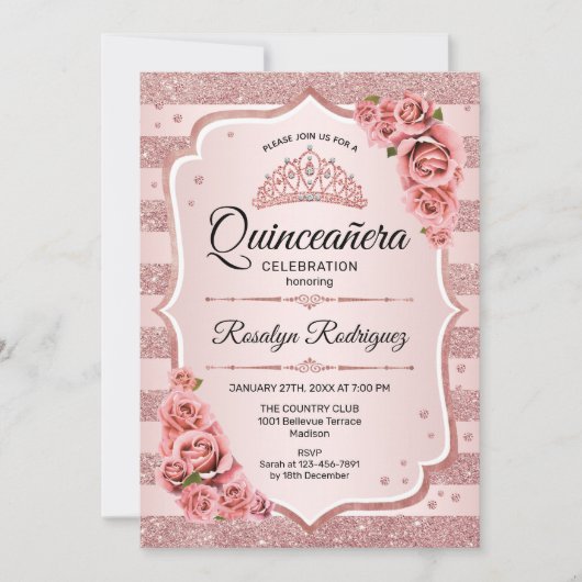 Roos Gold Quinceanera Kaart (Voorkant)