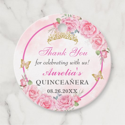 Roos Gold Quinceanera Miss Quince 15 Anos Verjaard Bedankjes Labels (Voorkant)