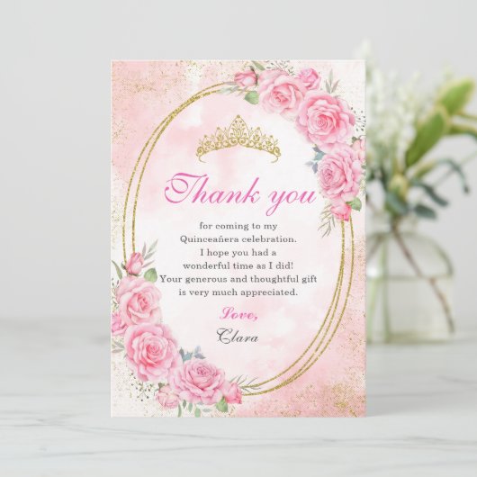 Roos Gold Quinceanera Miss Quince 15 Anos Verjaard Bedankkaart (Staand voorkant)
