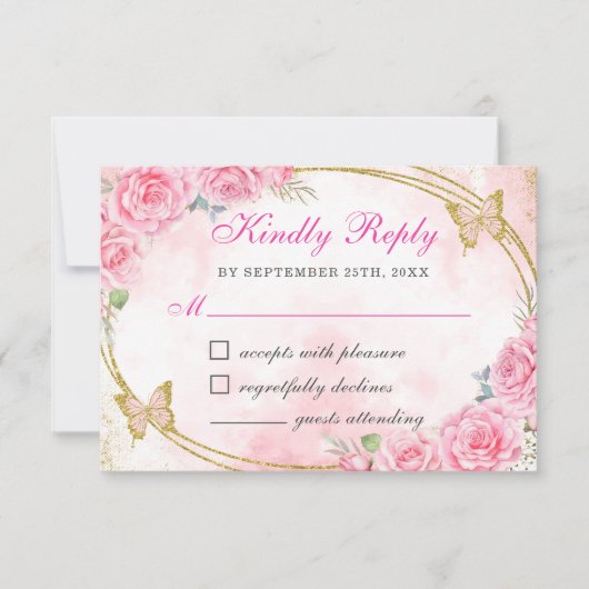 Roos Gold Quinceanera Miss Quince 15 Anos Verjaard RSVP Kaartje (Voorkant)