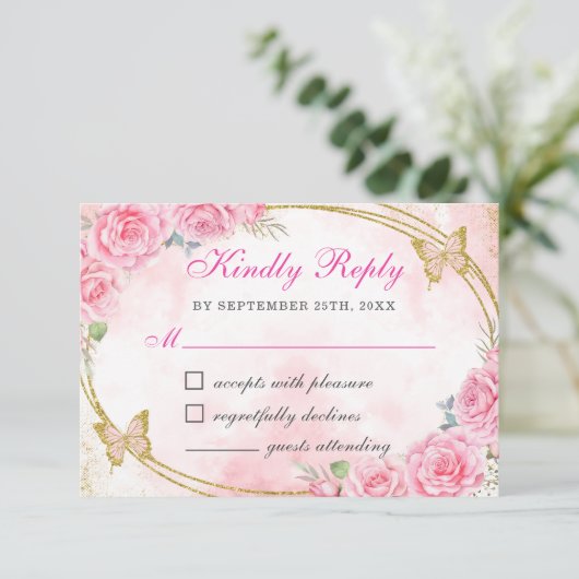 Roos Gold Quinceanera Miss Quince 15 Anos Verjaard RSVP Kaartje (Staand voorkant)