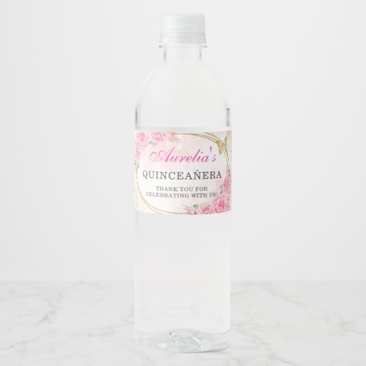 Roos Gold Quinceanera Miss Quince 15 Anos Verjaard Waterfles Etiket (Voorkant)
