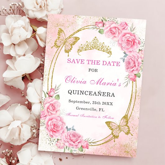Roos Gold Quinceanera Miss Quince 15 Save The Date Kaart