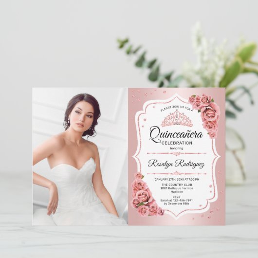 Roos Gold Quinceanera Party met foto Kaart (Staand voorkant)