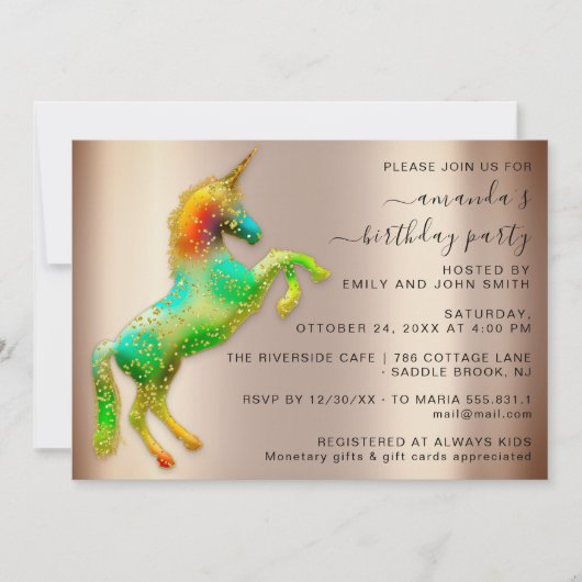 Roos Gold Rainbow Unicorn Horse Birthday Kaart (Voorkant)