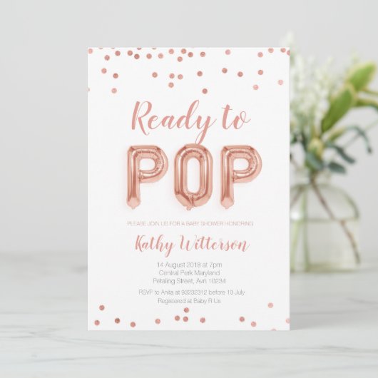 Roos Gold Ready-to-Pop baby shower-uitnodiging Kaart (Staand voorkant)