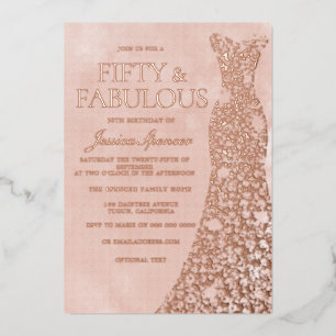 Roos Gold, robuust Roos & Blush dress 50th Birthda Folie Uitnodiging