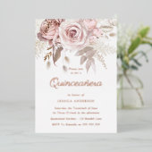 Roos Gold, robuust Roos & Blush Flowers Quinceañer Folie Uitnodiging (Staand Voorkant)