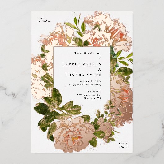 Roos Gold Romance Waterverf bruiloft Folie Uitnodiging (Voorkant)