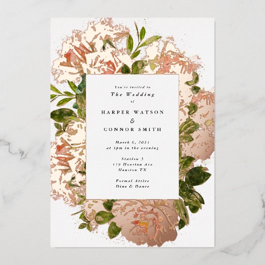 Roos Gold Romance Waterverf bruiloft Folie Uitnodiging (Voorkant)