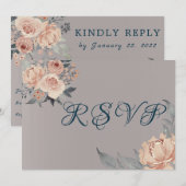 Roos Gold Romantic Pink Floral Wedding RSVP-kaart (Voorkant / Achterkant)