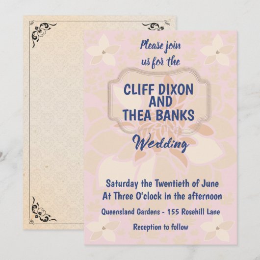 Roos Gold, Roos en bloesse bruiloft Kaart (Voorkant / Achterkant)